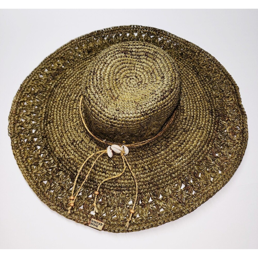 Peter Grimm Straw Sun Hat Puka Shells Vacation Summer Beach Khaki Green NWOT